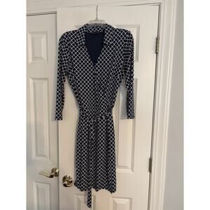 Brooks Brothers 346 Navy & White Belted Geometric Pattern Women's Dress Sz L